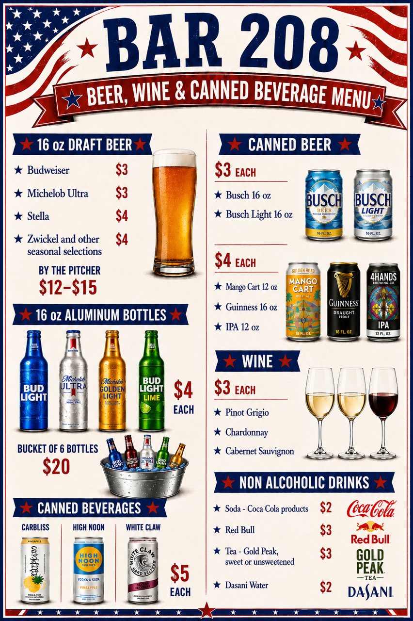 Bar 208 Beer and Wine Menu