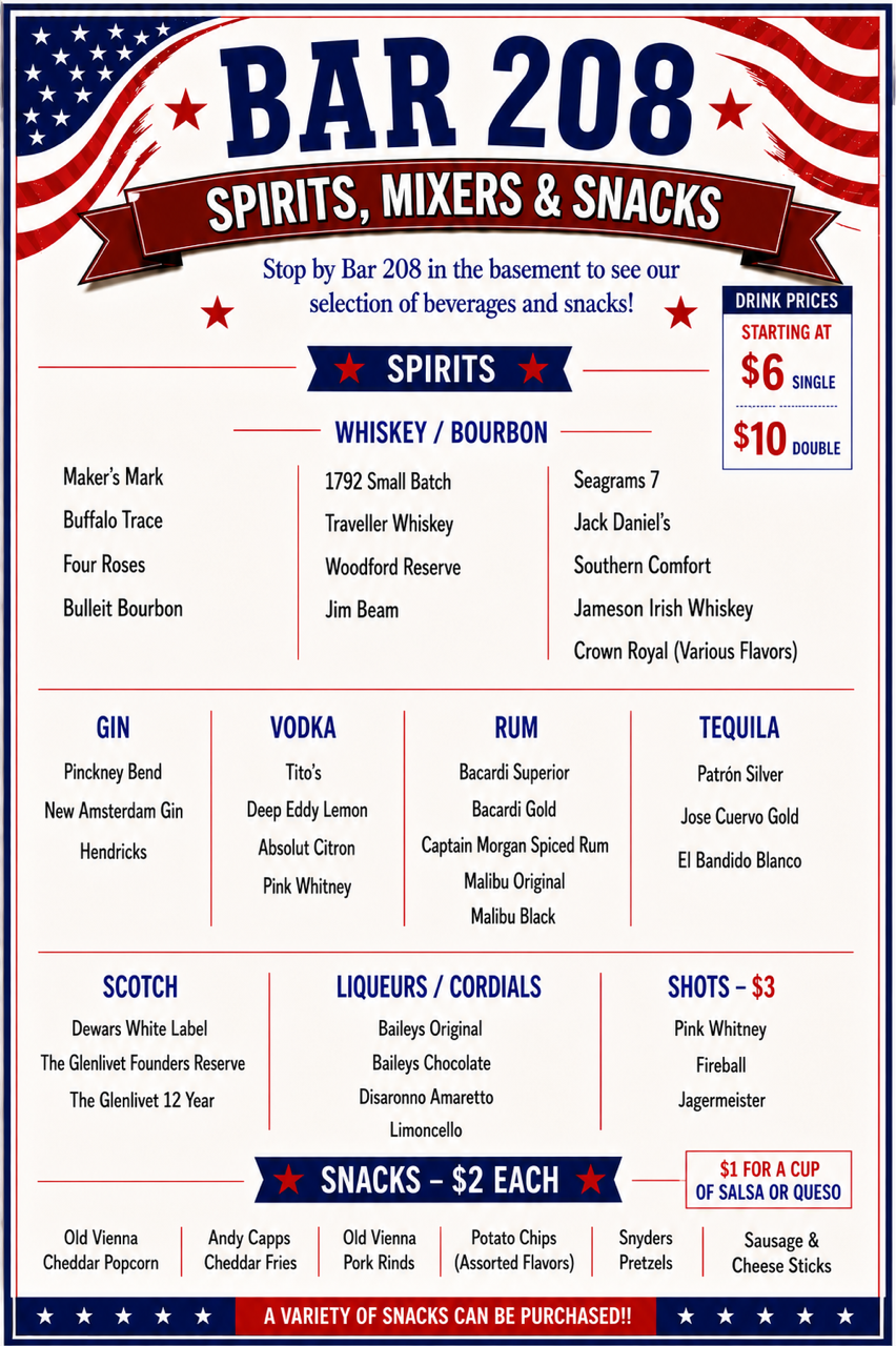 Bar 208 Mixers and Snack Menu