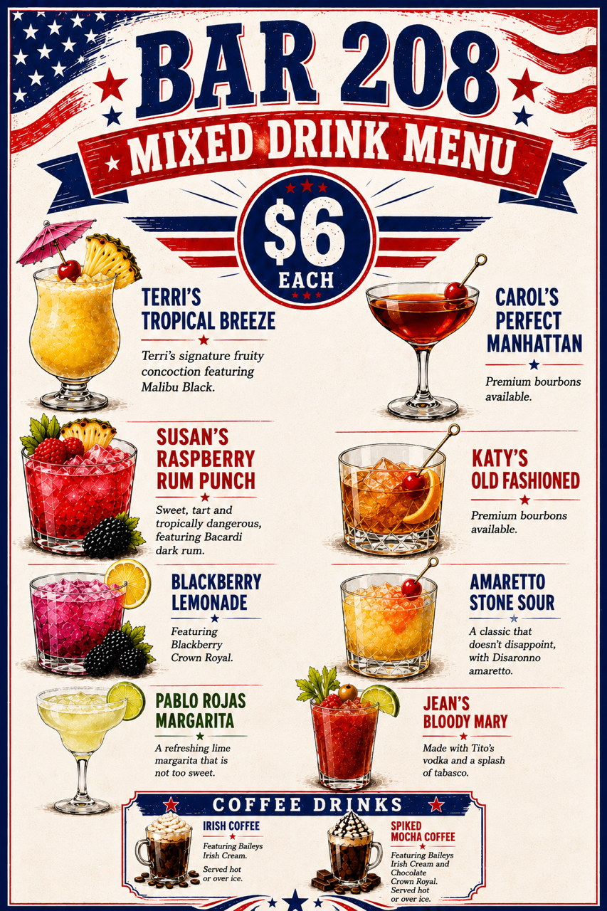 Bar 208 Weekend Drink Menu